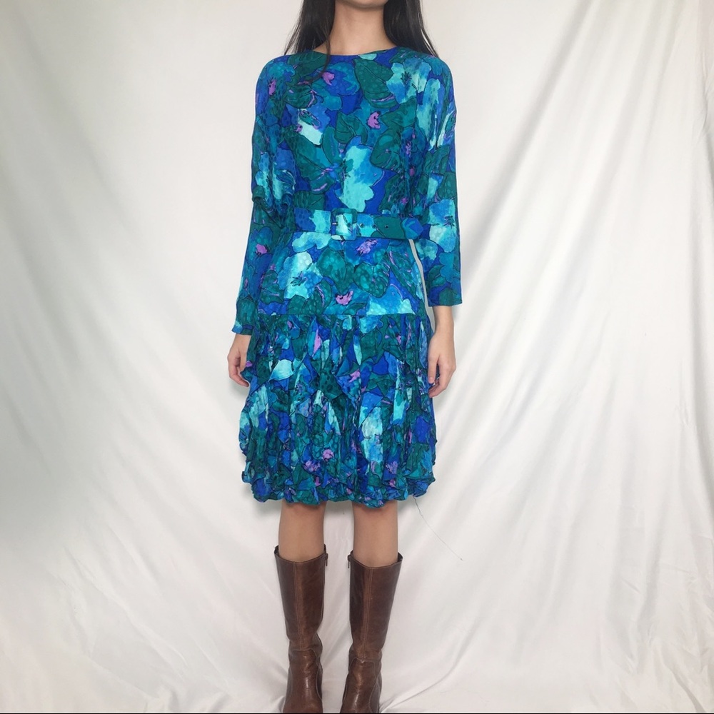 VTG 80’s 100% Silk Dress with Matching Belt Sz XS